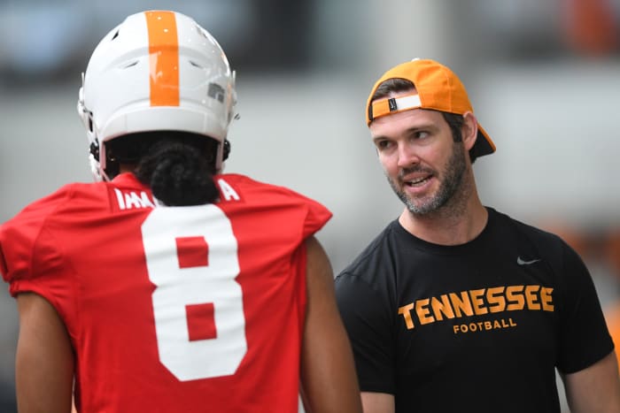 Tennessee OC Joey Halzle pictured with freshman QB Nico Iamaleava during fall camp on August 2nd, 2023, in Knoxville, Tennessee. (Photo by Caitie McMekin of the News Sentinel)